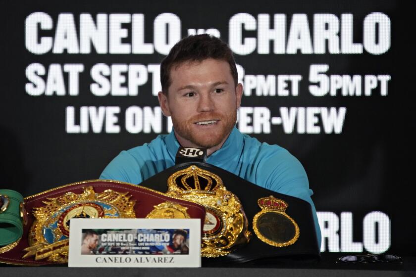 Canelo Alvarez, of Mexico, speaks during a news conference Wednesday, Sept. 27, 2023, in Las Vegas. Alvarez is scheduled to fight Jermell Charlo in a super middleweight title boxing match Saturday in Las Vegas. (AP Photo/John Locher)