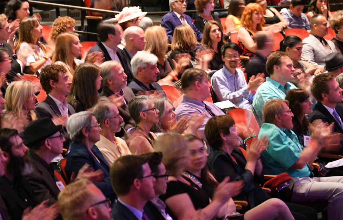 A crowd applauds at the Los Angeles Times Book Prizes at USC's Bovard Auditorium in 2017.