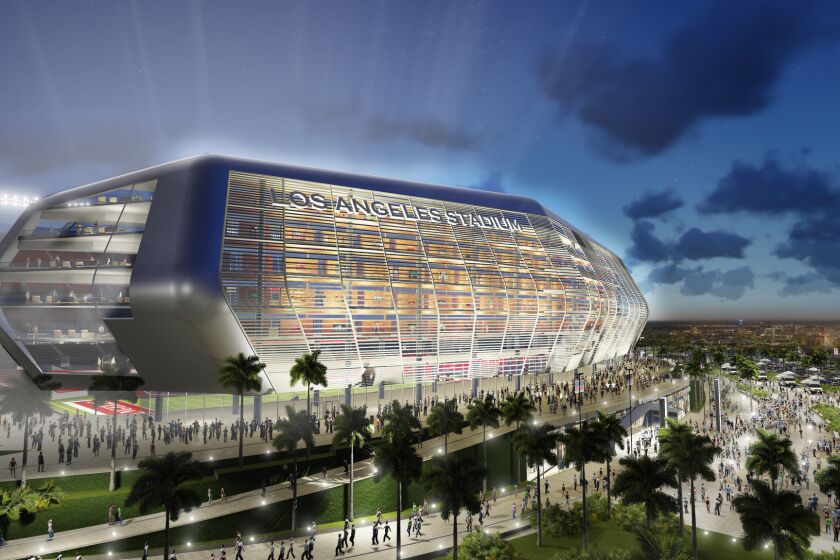 A rendering of the new football stadium proposed for Carson by the owners of the San Diego Chargers and Oakland Raiders.