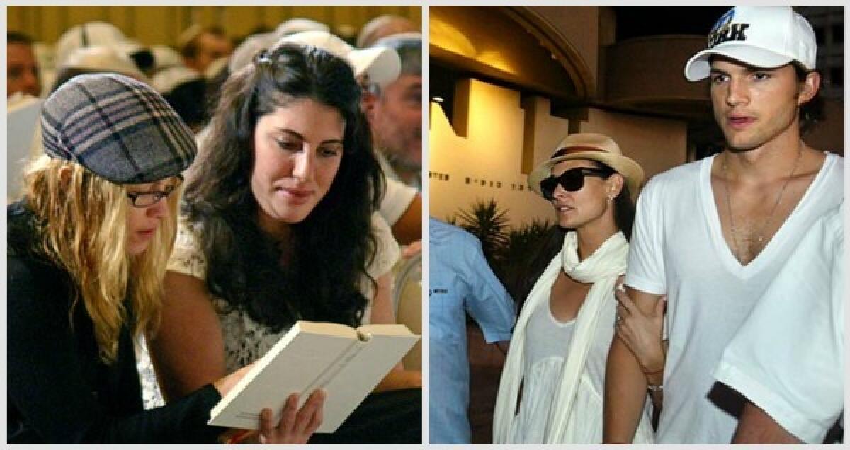 Madonna, left, seem here in Tel Aviv, enrolled at the Los Angeles center at the suggestion of Sandra Bernhard. Demi Moore and Ashton Kutcher, pictured in Israel, were married by a Kabbalah Centre teacher.