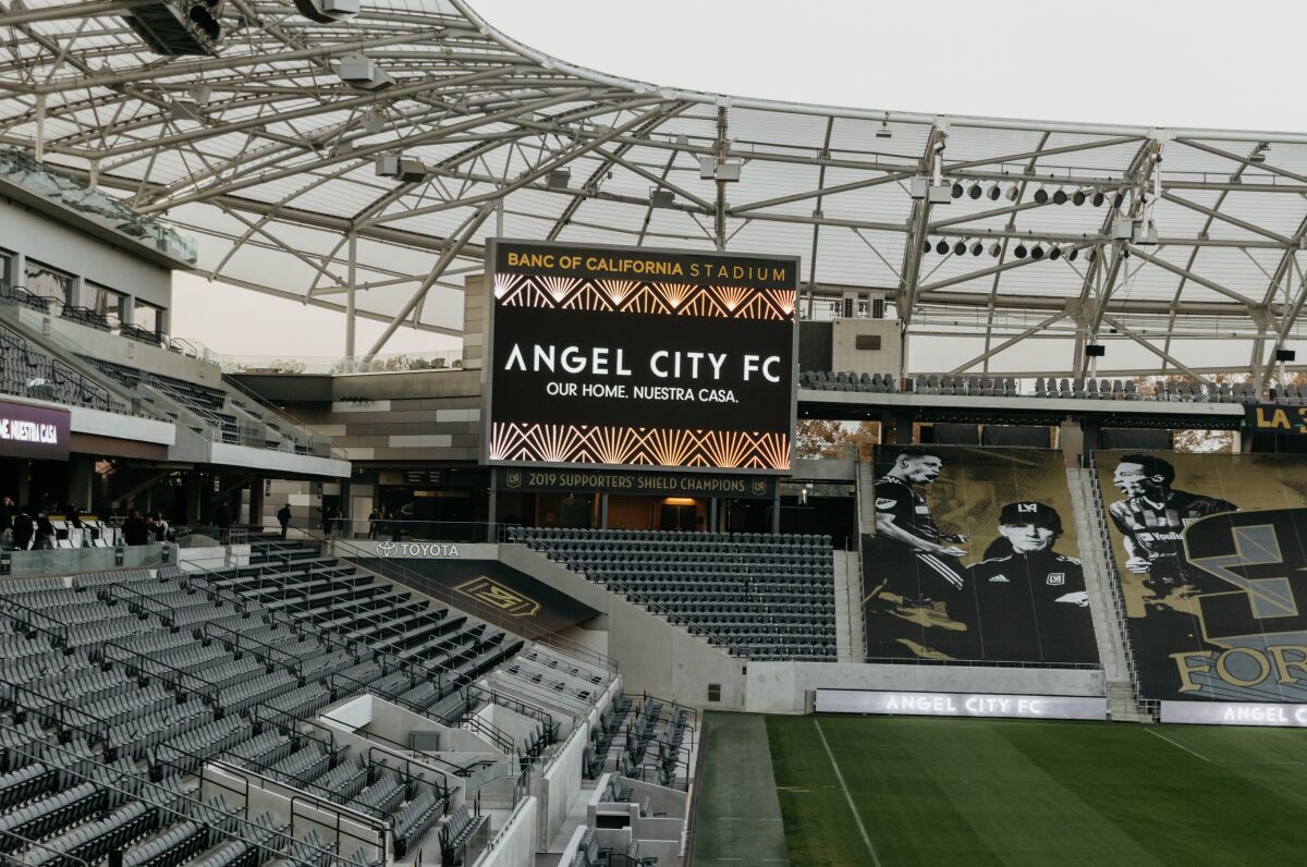 A Banc of California Stadium display in the stadium shows the name of Angel City FC