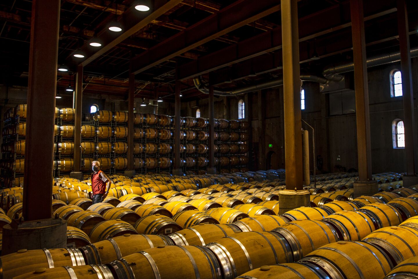 Wine barrels fill a large room