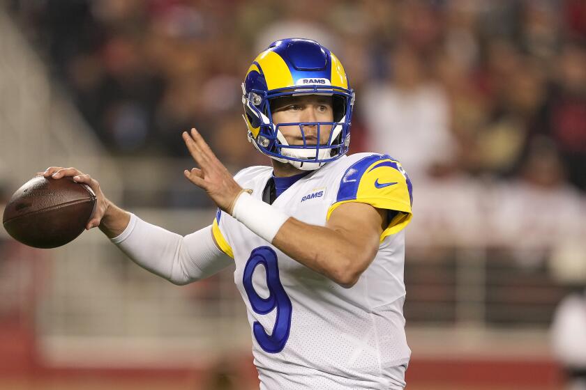 Los Angeles Rams quarterback Matthew Stafford (9) during an NFL football game against the San Francisco 49ers in Santa Clara, Calif., Monday, Nov. 15, 2021. (AP Photo/Tony Avelar)