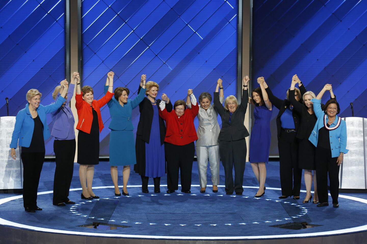 Some of the United States Senate Women appear together after speaking at the Democratic National Convention in Philadelphia.