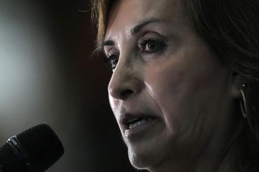 FILE - Peru's President Dina Boluarte talks to the press at the end of the Amazon Summit in Belem, Brazil, Aug. 8, 2023. Boluarte testified to prosecutors behind closed doors Friday, April 5, 2024, as authorities investigate whether she illegally received hundreds of thousands of dollars in cash, luxury watches and jewelry. (AP Photo/Eraldo Peres, File)