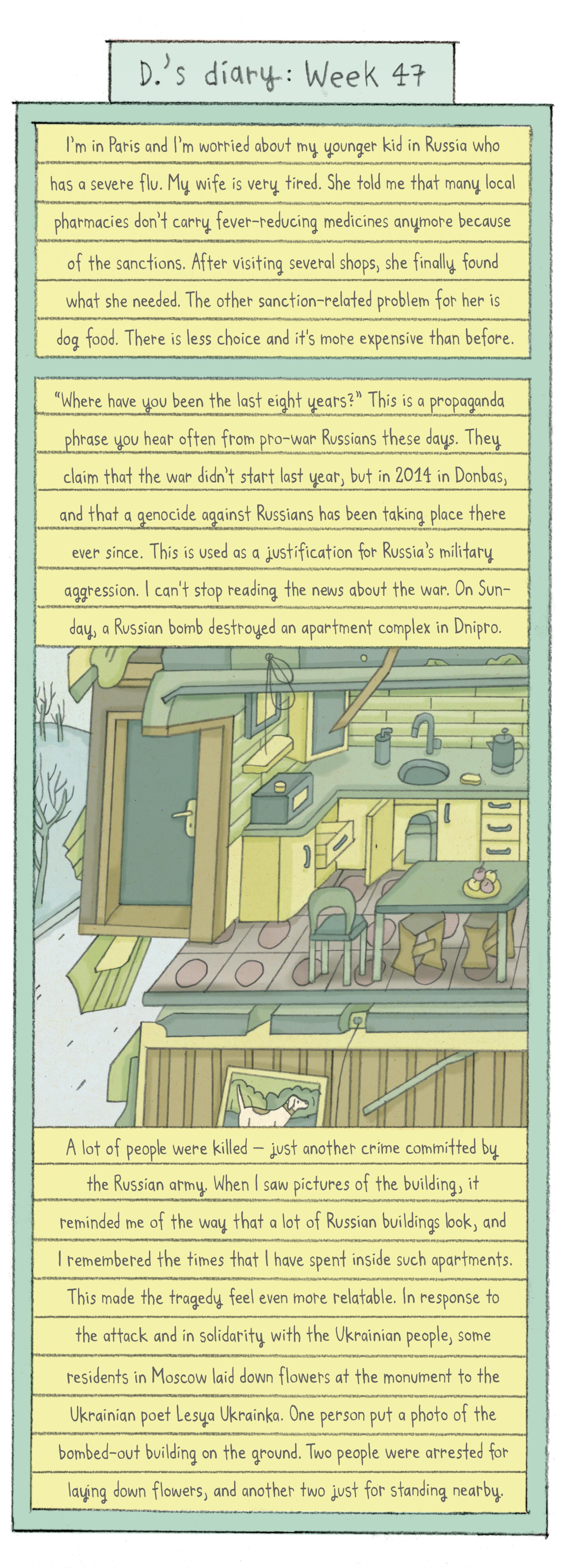 comic depicting a bombed-out apartment building. with the wall gone, the interior of a kitchen is visible.