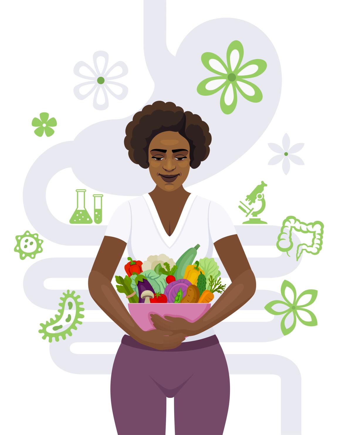 Illustration of a happy woman with balanced gut flora and healthy bowel.