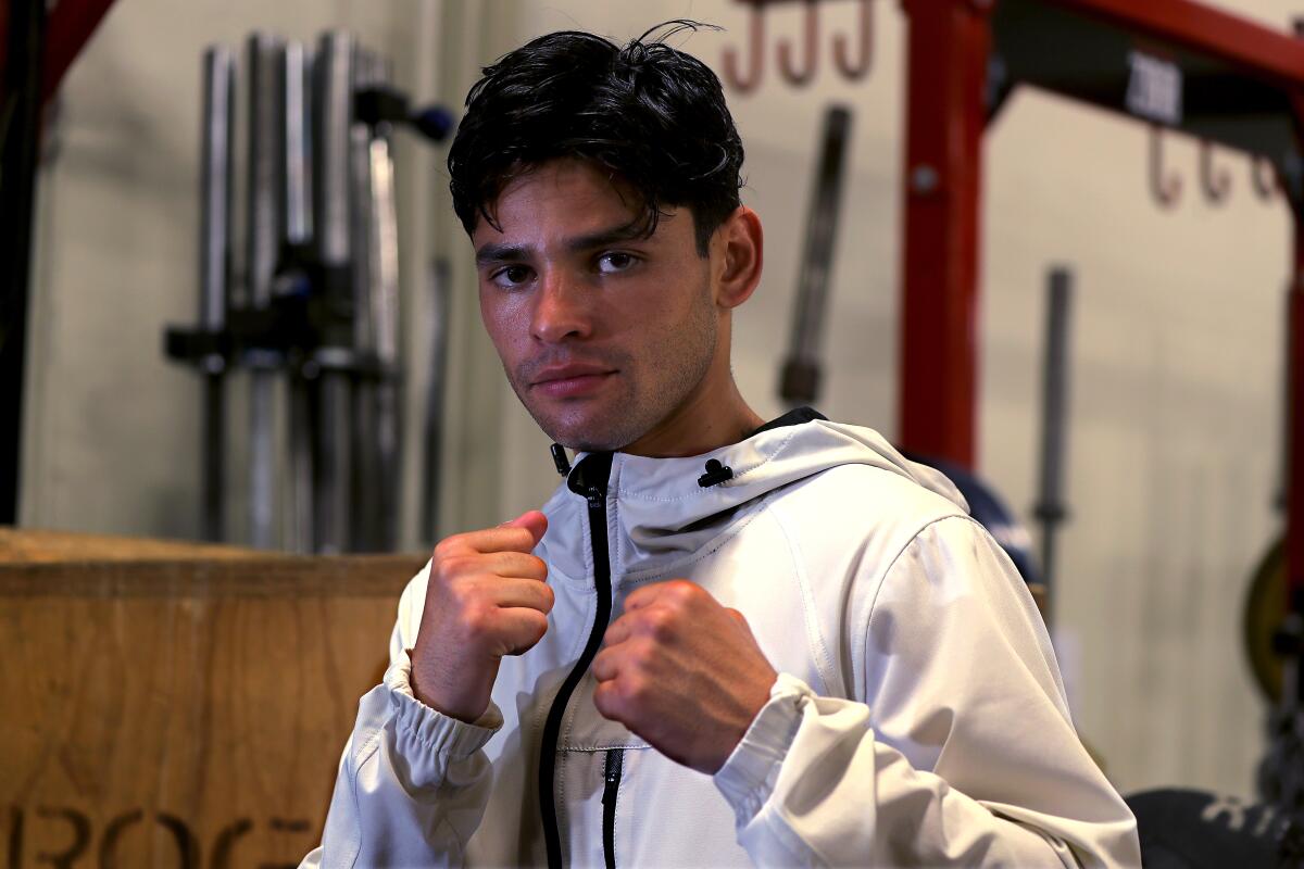 Boxer Ryan Garcia gets into a fight stance while training in Woodland Hills. 