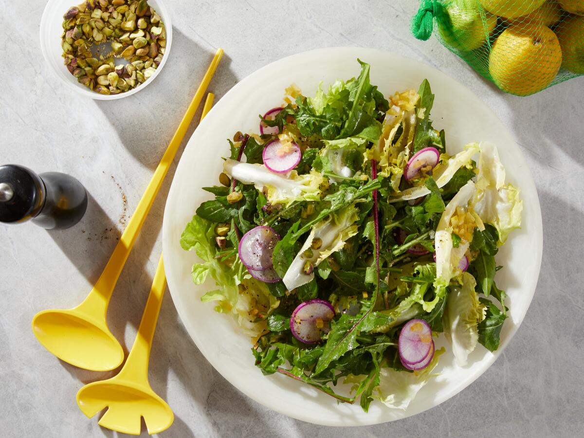 Leafy Greens with Preserved lemon and Spicy Pistachio by Chef Andy Baraghani. Prop styling by Dorothy Hoover.