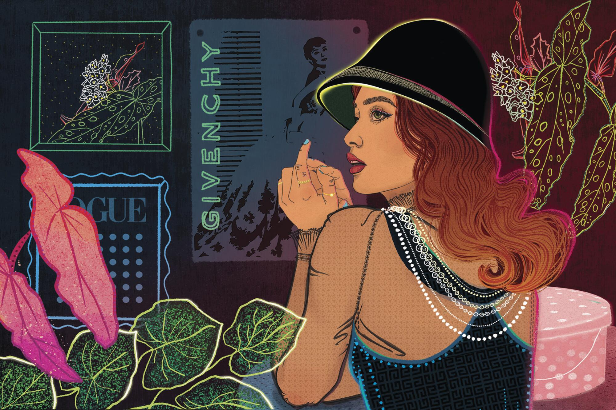 Illustration of a woman wearing Audrey Hepburn- and Givenchy-inspired black dress and cloche hat.