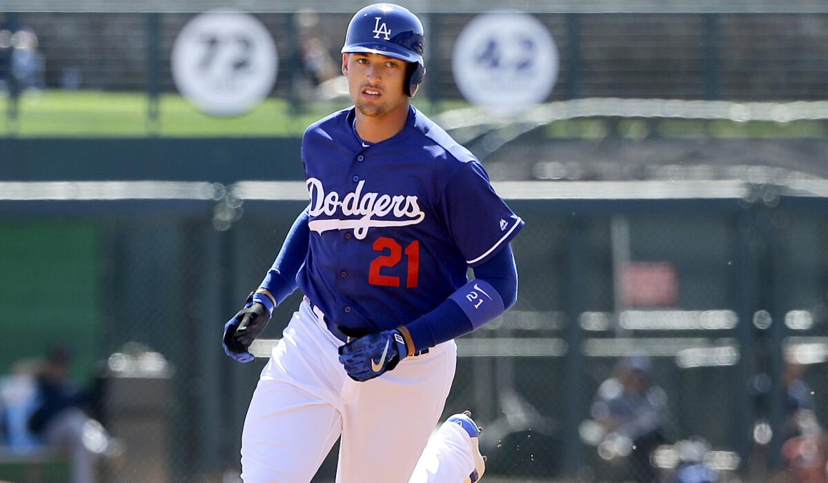 Trayce Thompson, rounding the bases after hitting a home run Monday, is 6 feet 3 and 225 pounds.