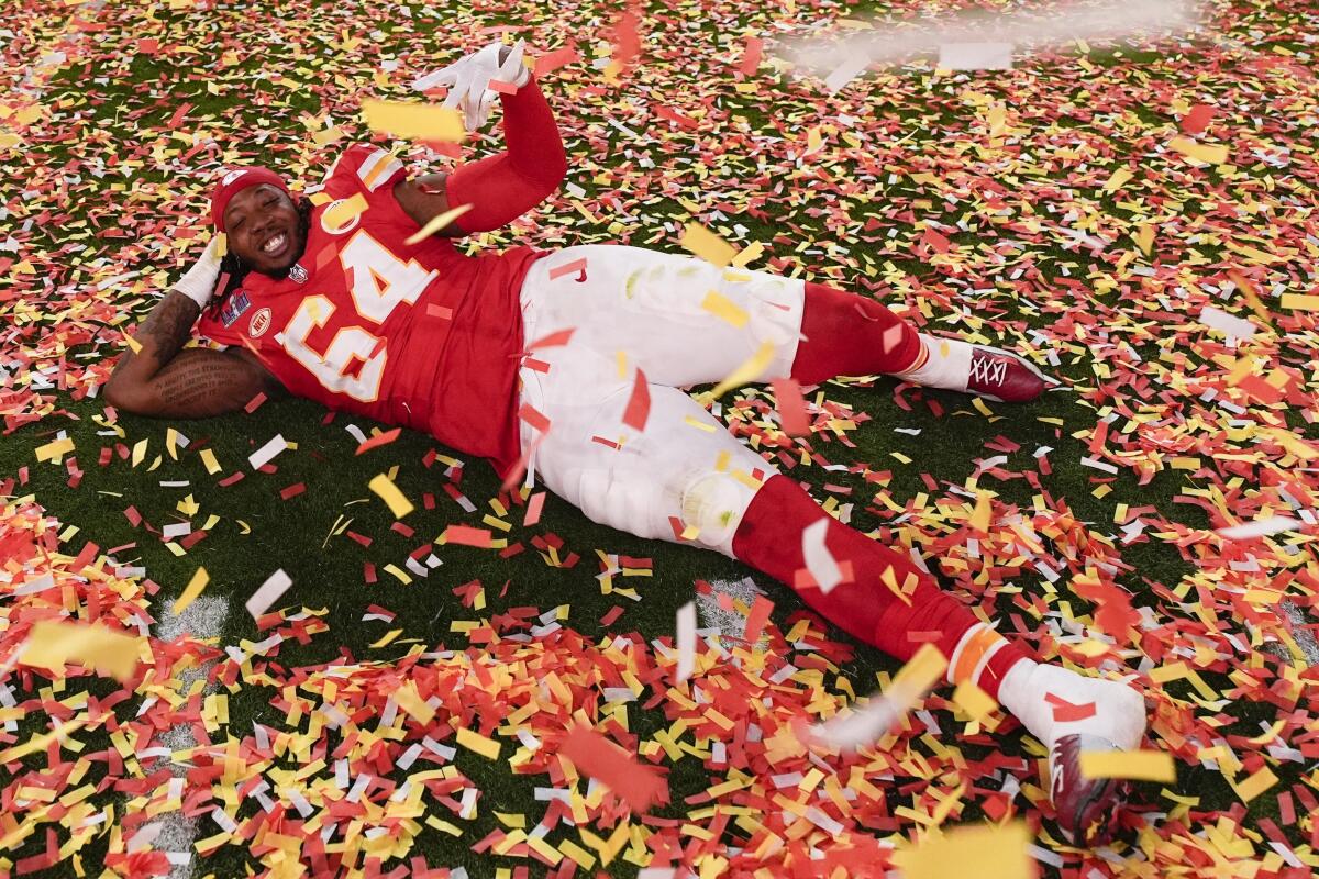 Kansas City Chiefs offensive tackle Wanya Morris celebrates winning the Super Bowl.