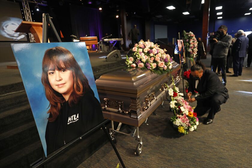 Gardena, California-Jan 10, 2021-The casket of Valentina Orellana Peralta arrives and is placed at City of Refuge Church in Gardena, California, where The Rev. Al Sharpton will officiate and deliver the eulogy later today. Valentina, age 14, was shot by a stray bullet fired by a Los Angeles police officer on Dec. 23, 2021, as she was shopping for clothes with her mother. (Carolyn Cole / Los Angeles Times)