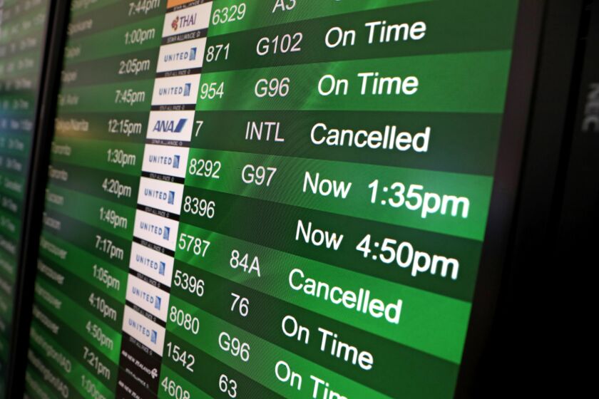 SAN FRANCISCO, CALIFORNIA - SEPTEMBER 09: Cancelled flights are displayed on a departures board at San Francisco International Airport on September 09, 2019 in San Francisco, California. Hundreds of departing and arriving flights at San Francisco International Airport have been cancelled or significantly delayed each day since September 7 as a planned $16.2 million runway renovation project gets underway. The project is expected to be finished by September 27. (Photo by Justin Sullivan/Getty Images) ** OUTS - ELSENT, FPG, CM - OUTS * NM, PH, VA if sourced by CT, LA or MoD **