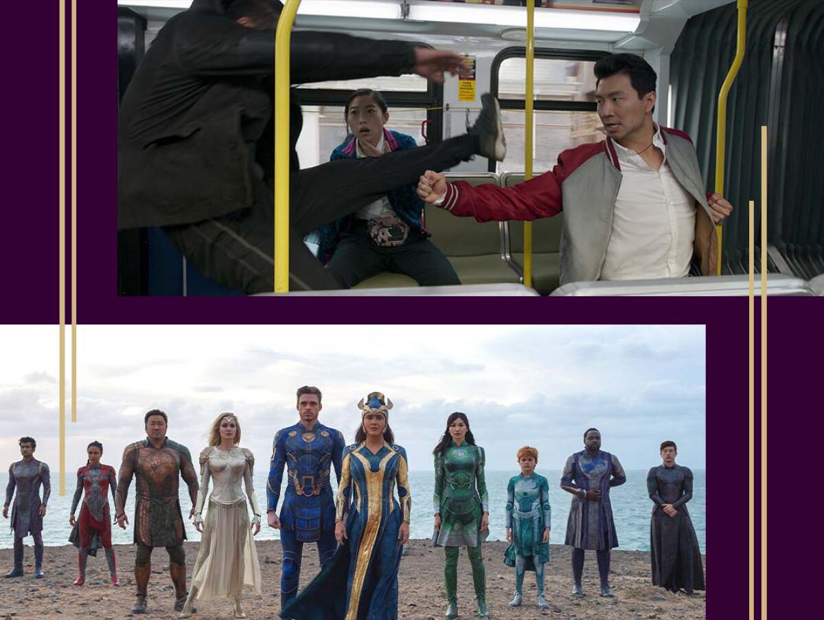 Shang-Chi punches an opponent while riding a bus. Characters from "Eternals" line up on a beach.