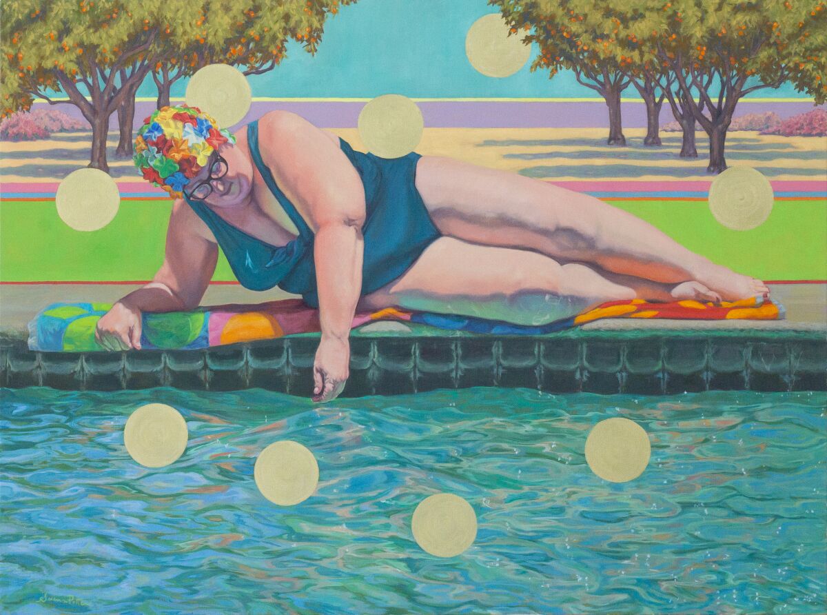 Oil on canvas painting of artist Kristine Schomaker in a swimming cap and bathing suit, lying next to a pool