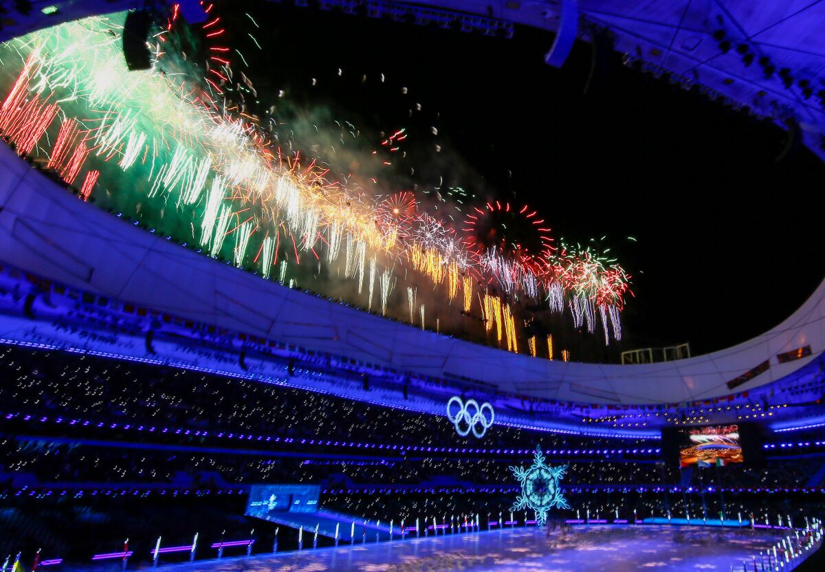 Firework display at the end of the closing ceremony at the Beijing 2022 Olympic games.