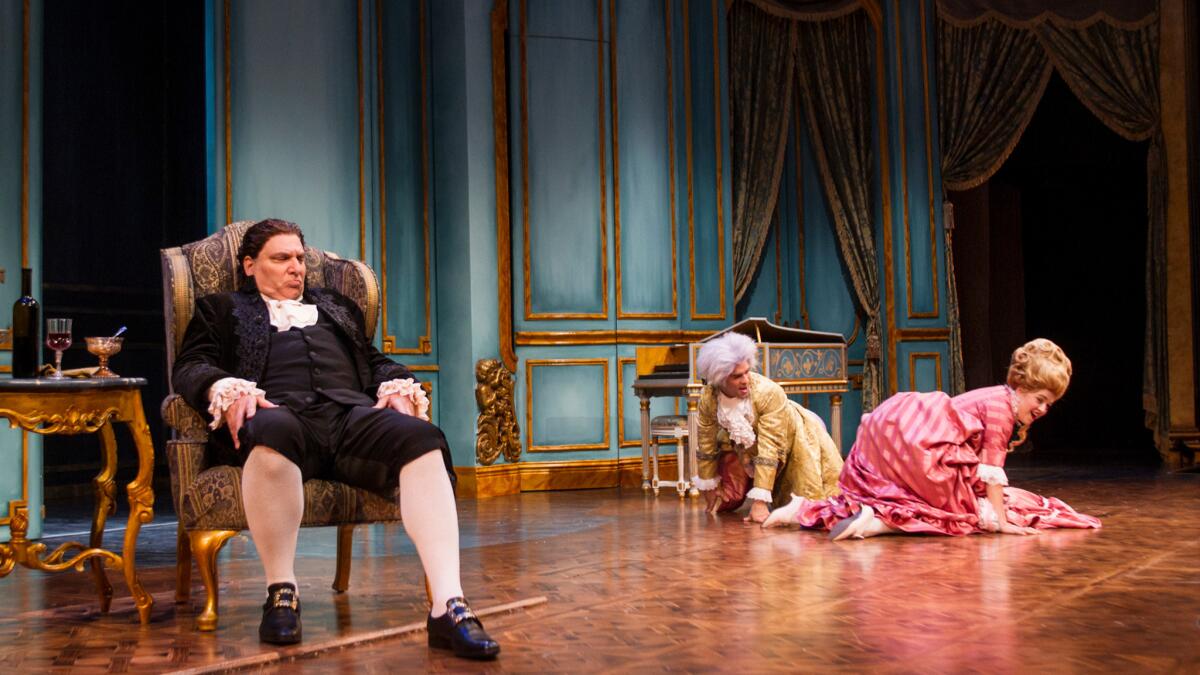 Marco Barricelli, Asher Grodman and Liesel Allen Yeager in South Coast Repertory's 2016 production of Peter Shaffer's "Amadeus."