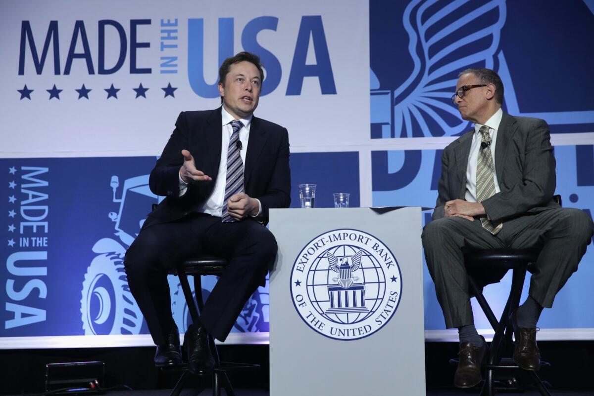 Export-Import Bank President Fred Hochberg, right, appears with Elon Musk, founder and chief executive of Space Exploration Technologies Corp., at the bank's annual conference in Washington in April.