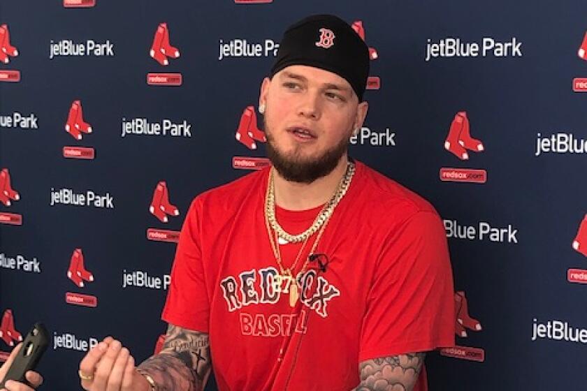 Former Dodgers outfielder speaks to the media at spring training about being traded to the Boston Red Sox. Photo taken on Feb. 15, 2020.
