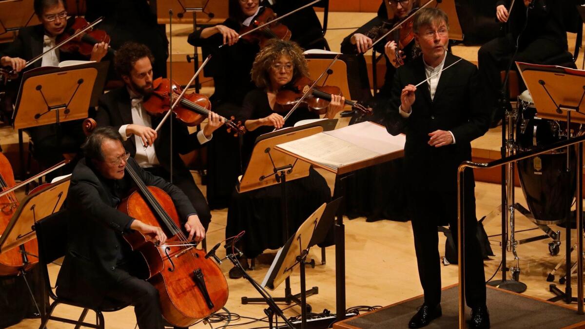 Yo-Yo Ma is soloist in Esa-Pekka Salonen's Cello Concerto, conducted by the composer with the Los Angeles Philharmonic at Walt Disney Concert Hall on Thursday night.
