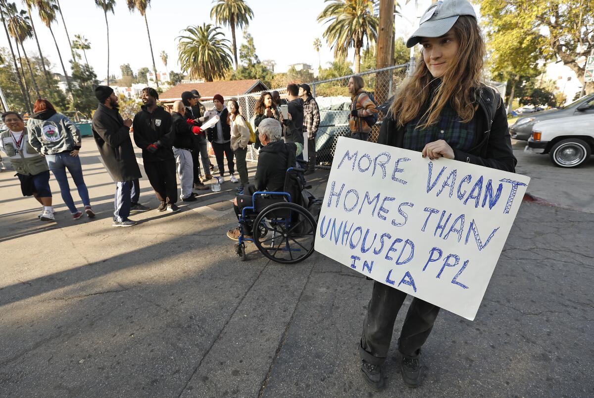 Joanna Swan at a demonstration to stop a sweep of an Echo Park homeless encampment.