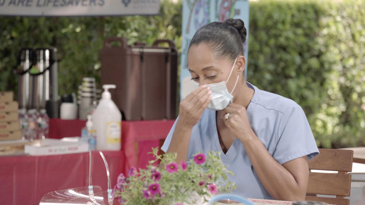 Tracee Ellis Ross as Dr. Bow Johnson, now a frontline worker in the COVID-19 pandemic, in ABC's "black-ish."