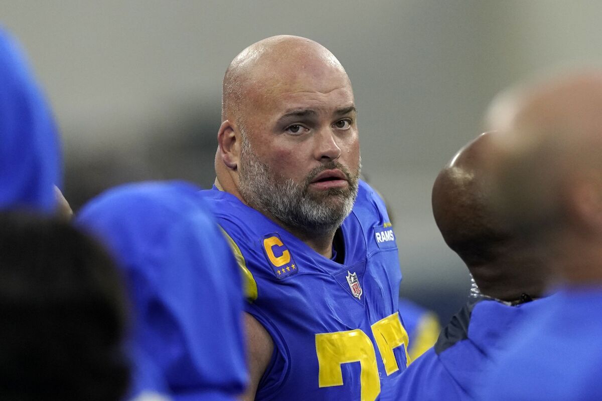 Los Angeles Rams offensive tackle Andrew Whitworth is seen on the sideline during an NFL football game against the Jacksonville Jaguars, Dec. 5, 2021, in Inglewood, Calif. Whitworth will make history on Monday, Dec. 13, 2021 against the Arizona Cardinals as the first player in NFL history to start a game at his position at 40 years old. Whitworth, who celebrates his birthday Sunday, has been the cornerstone of Los Angeles’ offense during McVay’s half-decade in charge. (AP Photo/Mark J. Terrill)