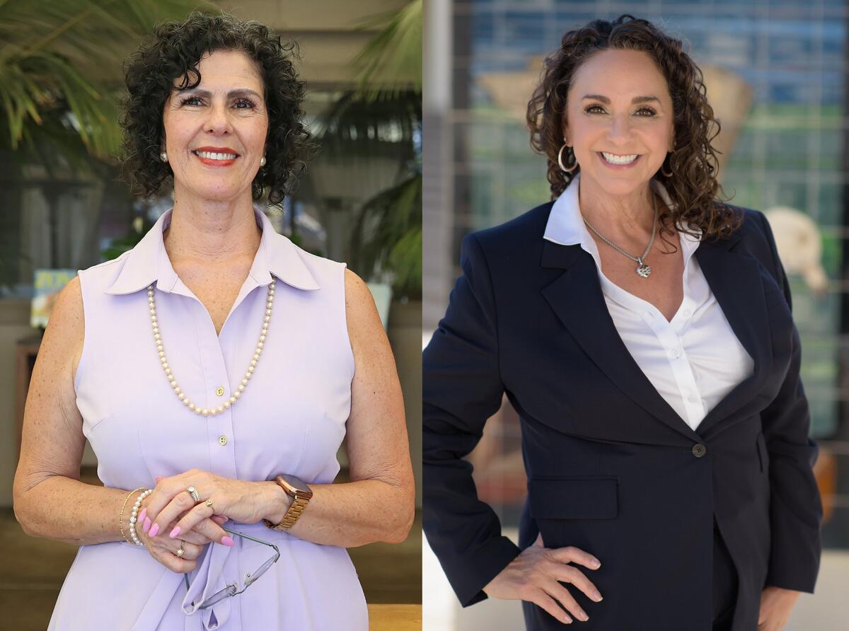 Regina Blankenhorn, left, and Lisa Lane Barnes, right, are the two candidates for the office of Huntington Beach city clerk.