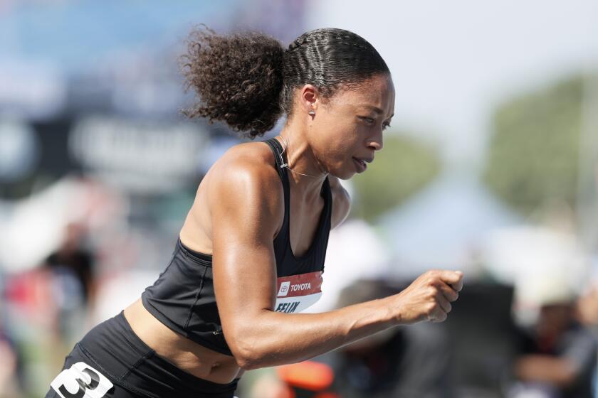 Allyson Felix runs at the start of the women's 400-meter dash final at the U.S. Championships athletics meet, Saturday, July 27, 2019, in Des Moines, Iowa. (AP Photo/Charlie Neibergall)