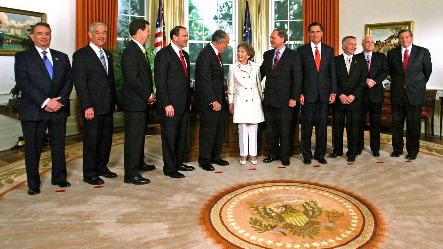 Nancy Reagan poses with the 2008 Republican presidential candidates after their May 2007 debate at the Reagan Presidential Library in Simi Valley.