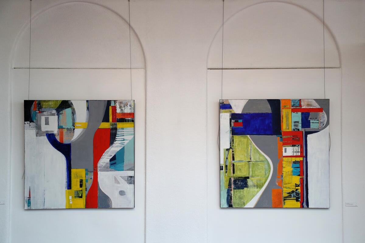 Paintings by Tamara Gold titled "Embrace Uncertainty #1," left, and "Embrace Uncertainty #2."