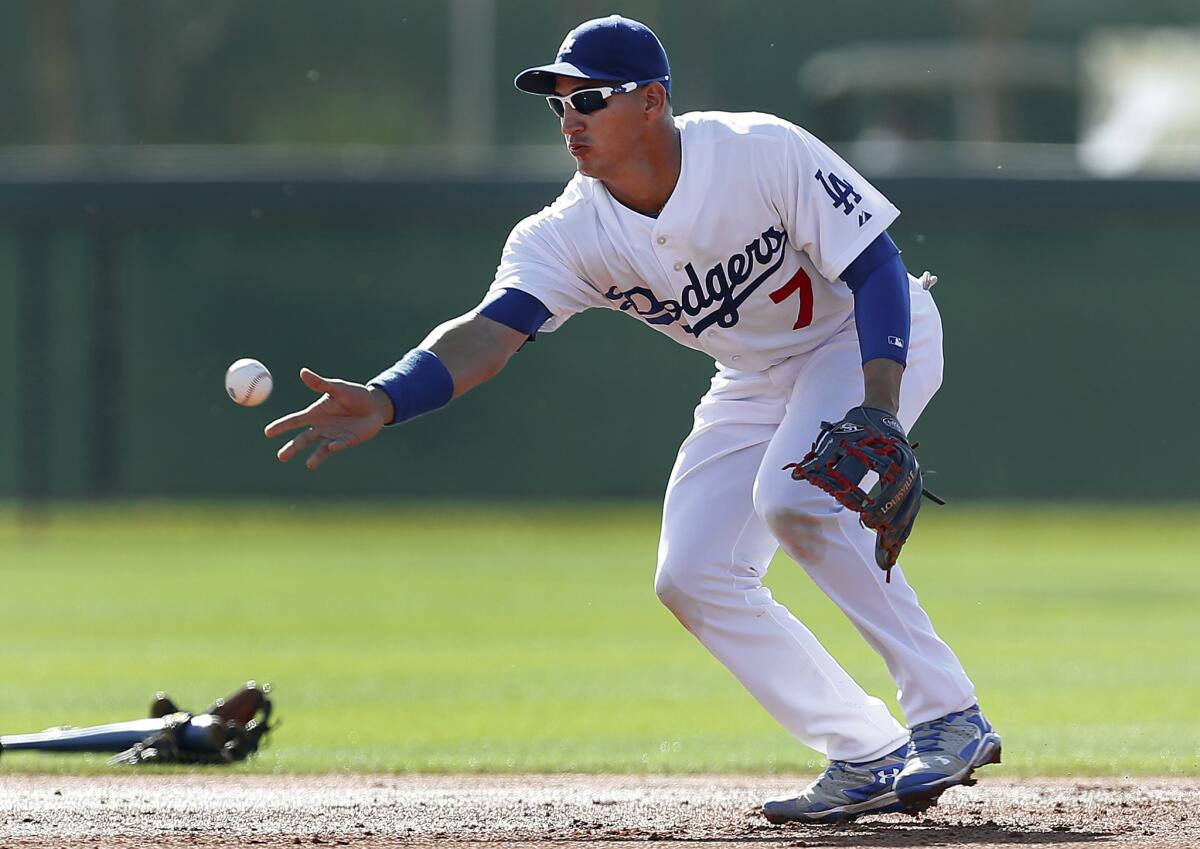 Dodgers infielder Alex Guerrero tosses a ball to second base during spring training in Glendale, Ariz., back in February.