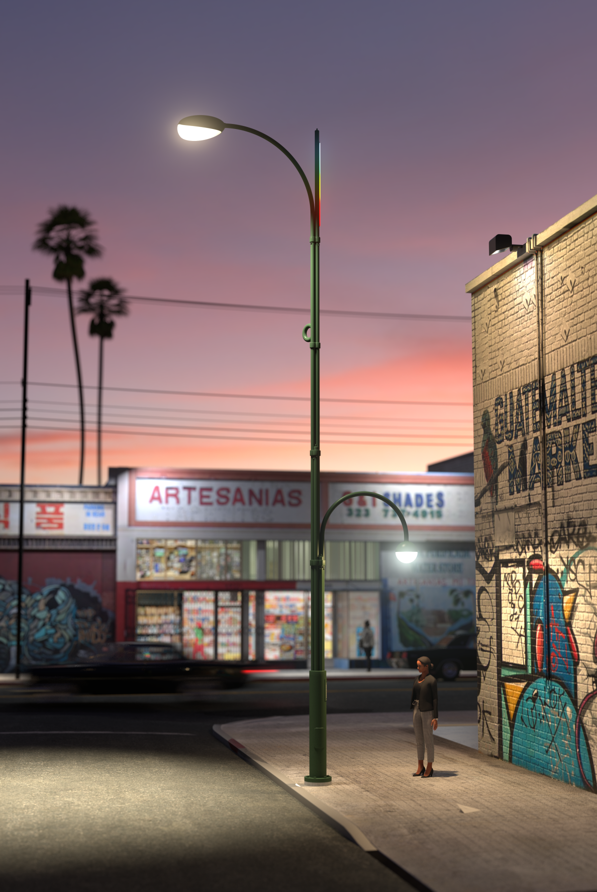 The winning entry in L.A.'s streetlight competition provides one light over the street and a second over the sidewalk.