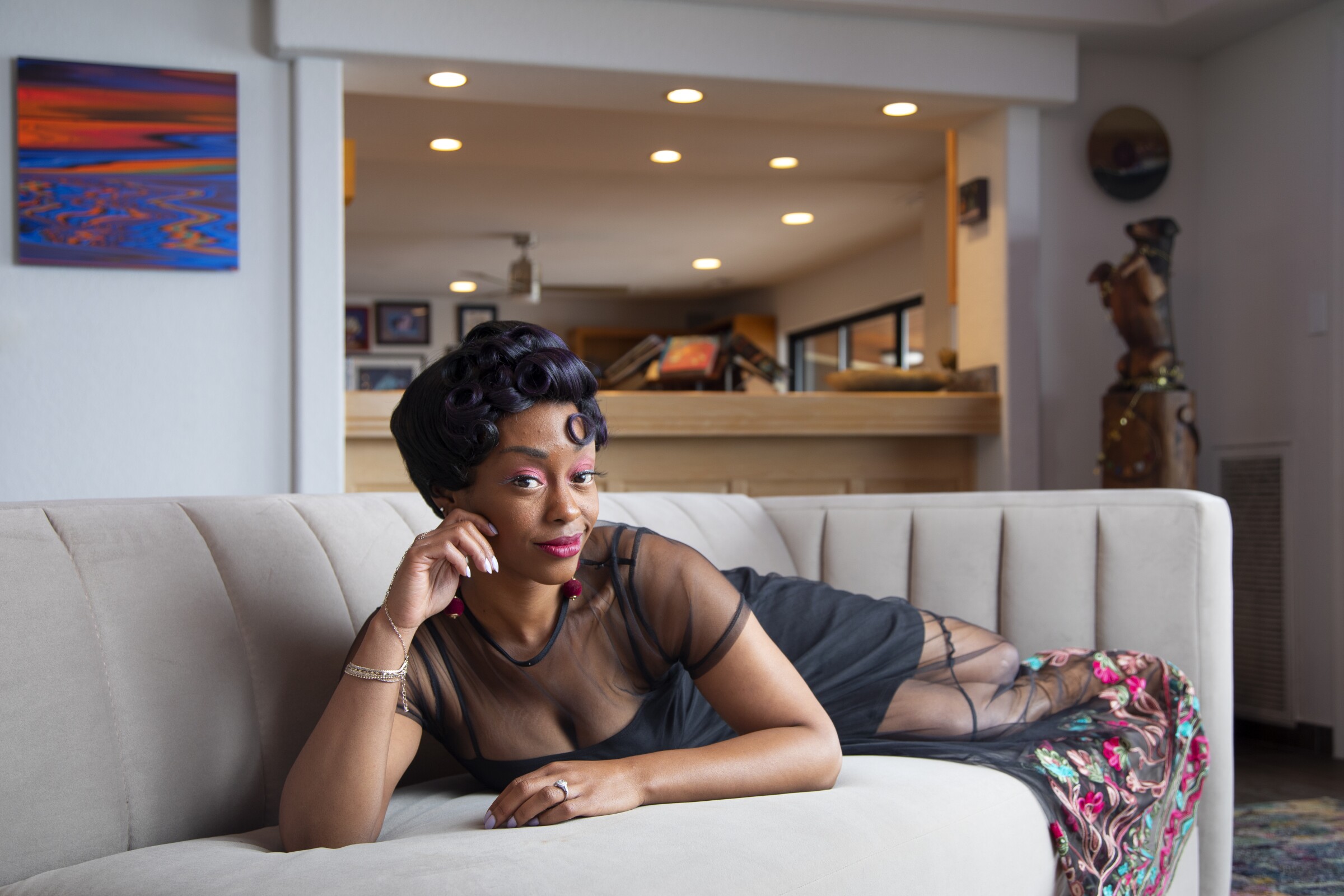 Cashae Monya, a longtime local theater actress who recently won artist of the year. Photographed at the home of Pam Wagner and Hans Tegebo, on Mount Helix, March 12, 2020 in La Mesa, California.