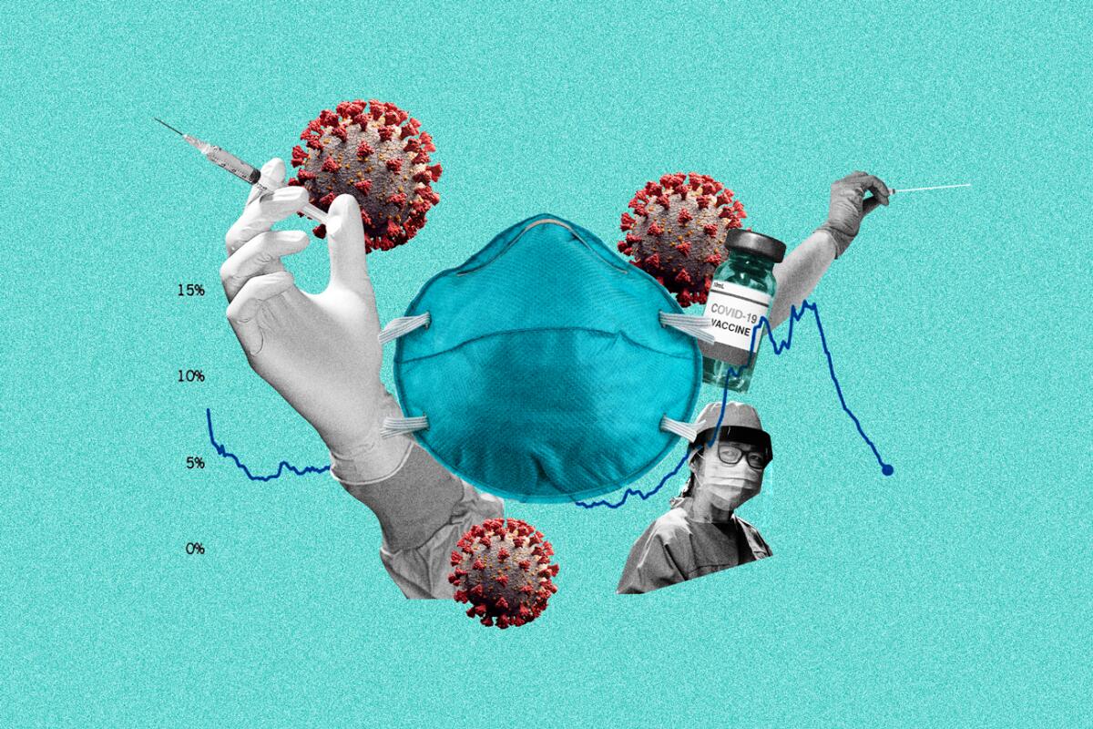 A photo collage showing an N-95 mask, a syringe of COVID-19 vaccine, a coronavirus test swab and other images