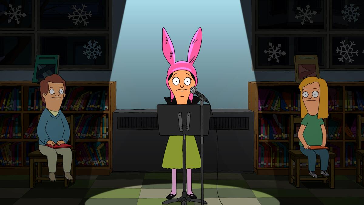 An animated character (Louise) in a pink bunny hat nervously stands in a spotlight to read the poem she has written.