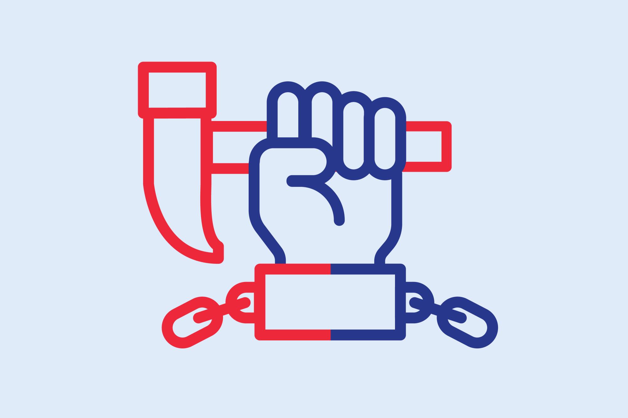 hand in shackle holding a hammer