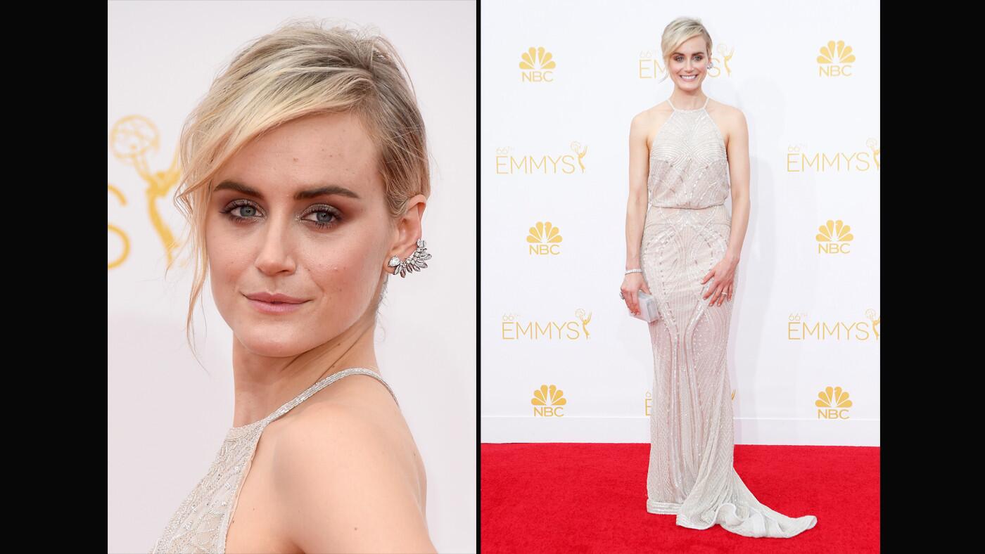Taylor Schilling wears a white Deco-beaded Zuhair Murad gown with a Forevermark diamond ring and climbing diamond ear cuff.