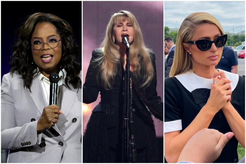 Left, Oprah wears gray blazer onstage, Stevie Nicks wears black dress onstage; right, Paris Hilton dons black and white dress
