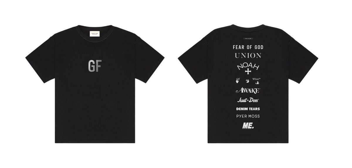 Composite of George Floyd tribute T-shirt by Fear of God.