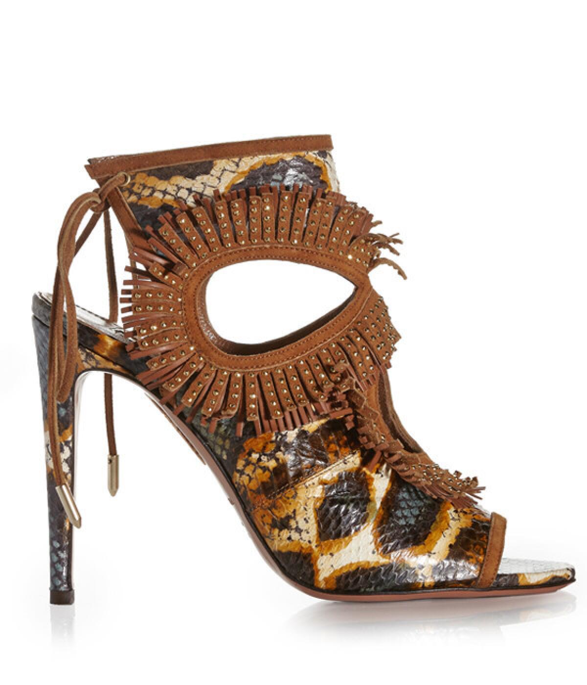 Aquazzura snakeskin cut-out sandal with studded suede fringe.