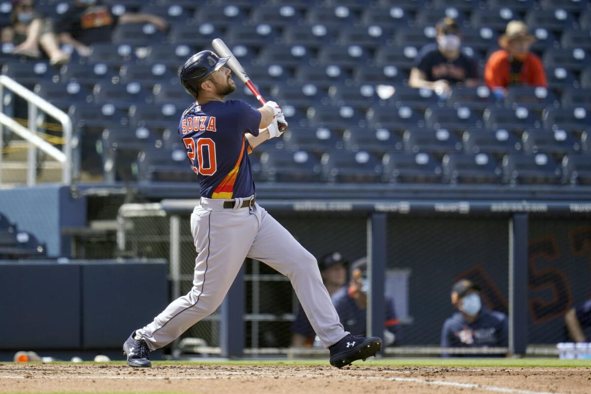 Houston's Steven Souza Jr. hits a two-run home run during a spring training game.