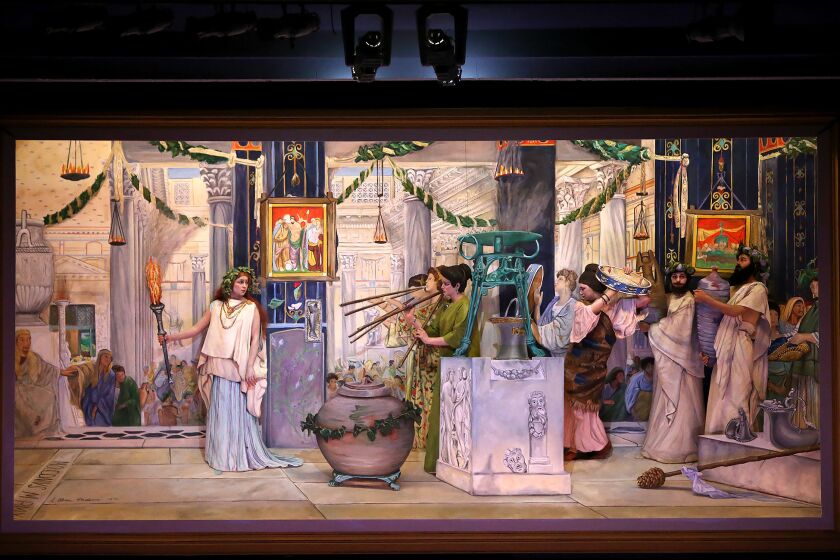 Sir Lawrence Alma-Tadema's "The Vintage Festival" comes to life during a media preview Monday night of the Pageant of the Masters' 2019 production, "The Time Machine."