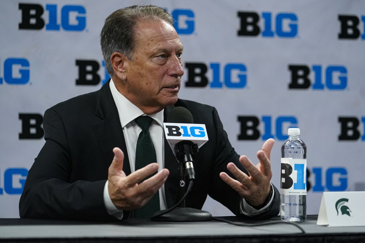 Michigan State men's head coach Tom Izzo speaks during the Big Ten NCAA college basketball media days in Indianapolis, Friday, Oct. 8, 2021. (AP Photo/Michael Conroy)