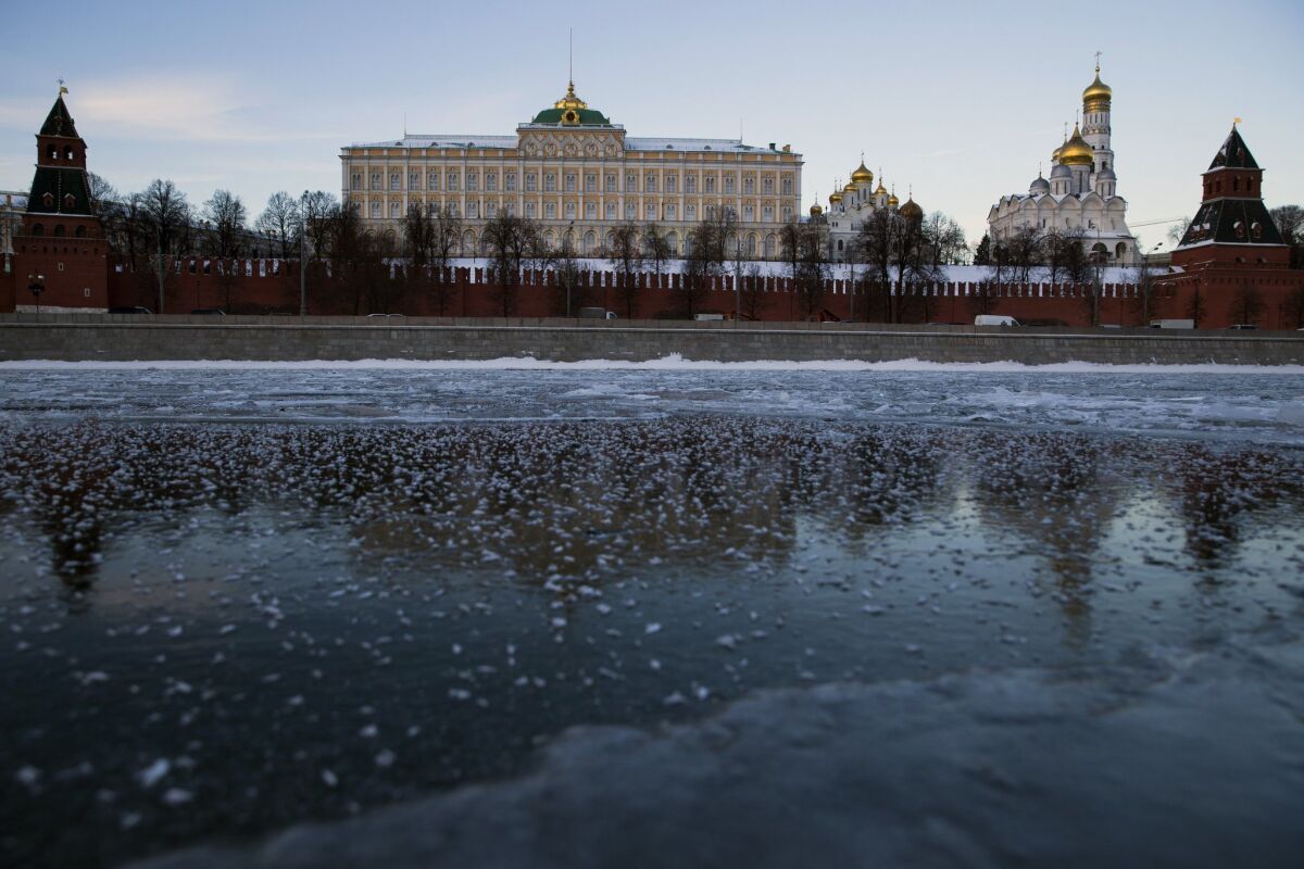 The frozen Moscow River and the Kremlin beyond in central Moscow.