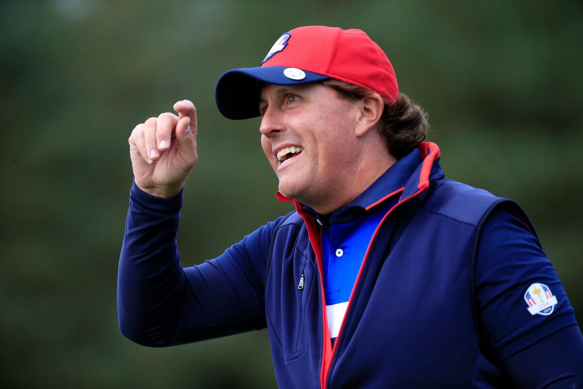 Phil Mickelson smiles Thursday during practice for the 2014 Ryder Cup.