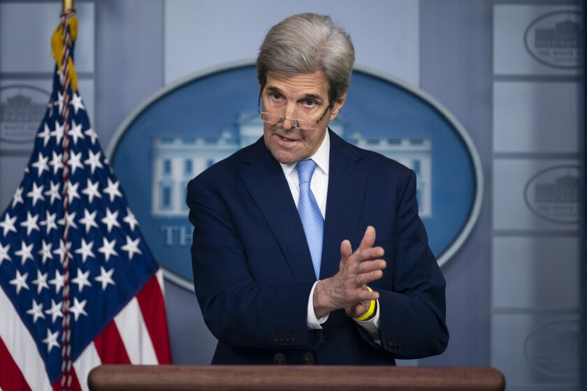 Special Presidential Envoy for Climate John Kerry speaks during a press briefing at the White House, Thursday, April 22, 2021, in Washington. (AP Photo/Evan Vucci)