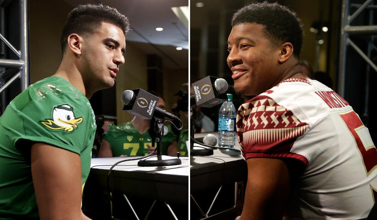 Heisman Trophy winners Marcus Mariota, left, of Oregon and Jameis Winston of Florida State take their turns addressing the media earlier this week.