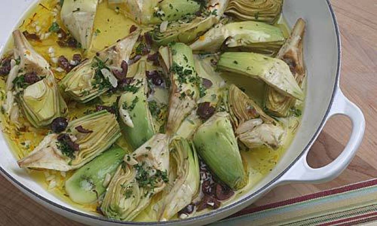 BRAISE: Artichokes meld with black olives, garlic, red pepper, saffron, almonds and orange zest.